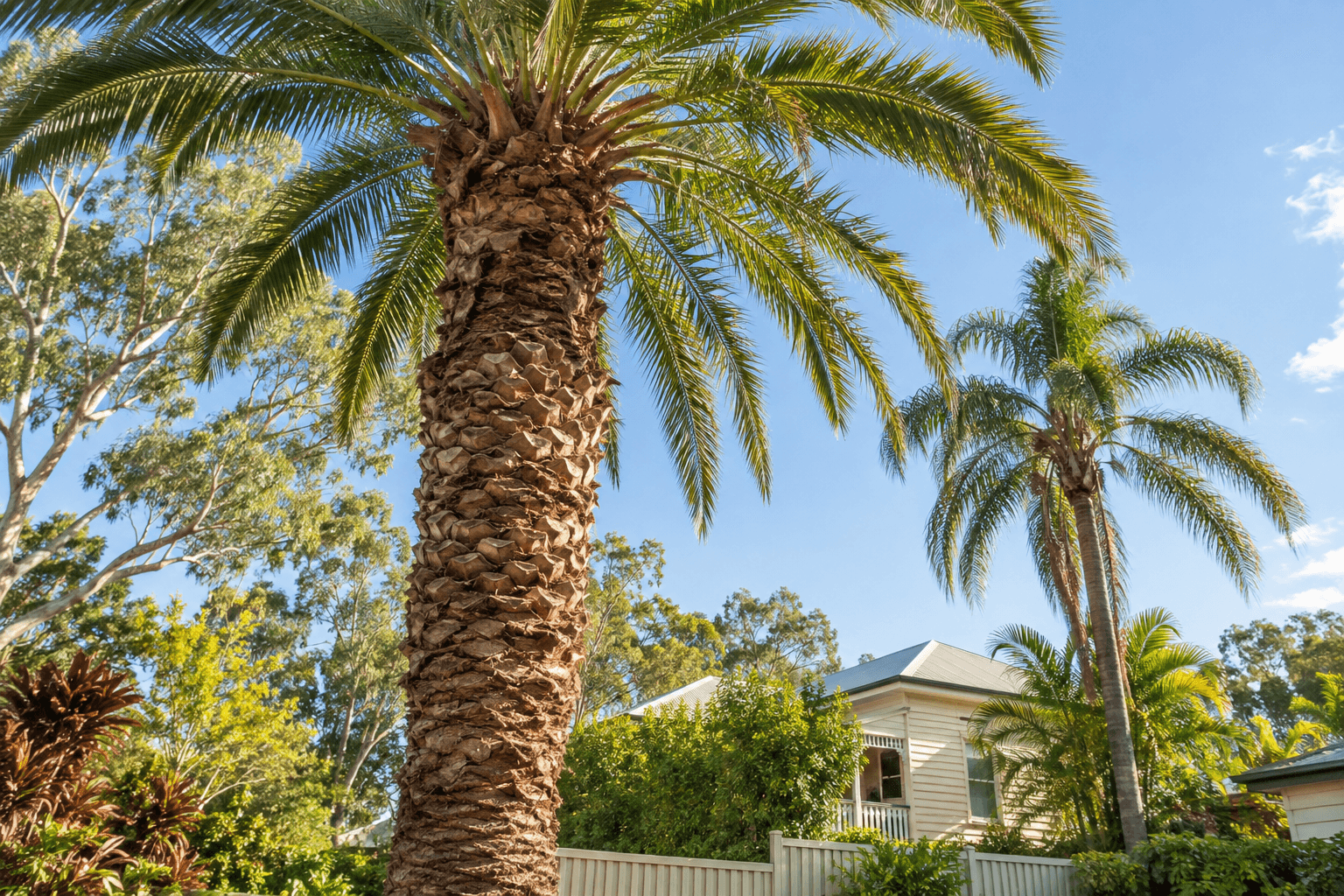 Textured palm trunk and green fronds above a subtropical home garden